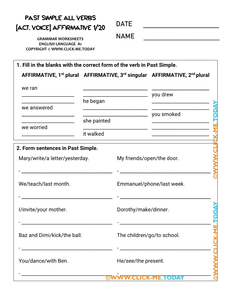 A1 PAST SIMPLE WORKSHEETS