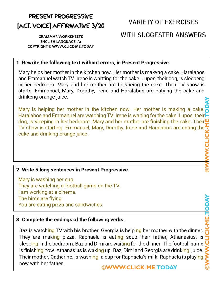 A1 PRESENT PROGRESSIVE PDF ENGLISH WORKSHEETS ANSWERS