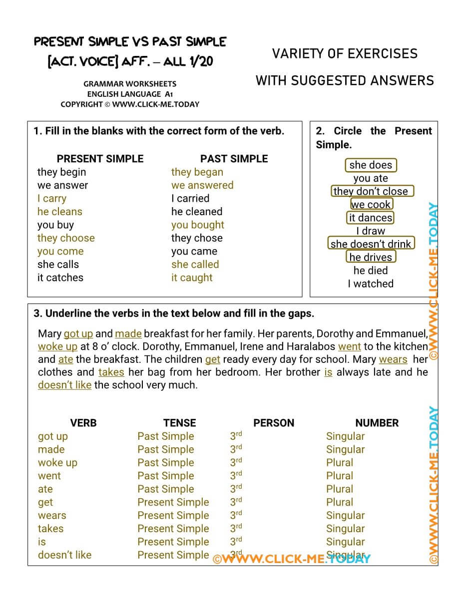 A1 PRESENT SIMPLE VS PAST SIMPLE ALL VERBS WORKSHEETS WITH ANSWERS