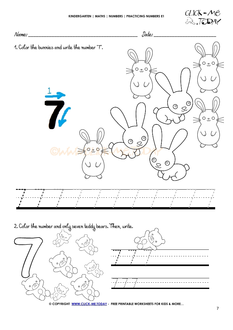 Tracing numbers worksheets - Number 7