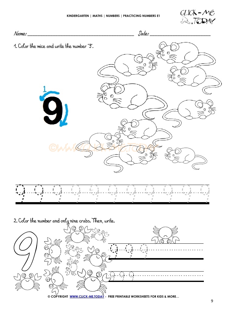 Tracing numbers worksheets - Number 9