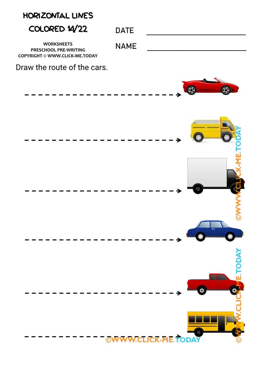 PREWRITING HORIZONTAL LINES colored worksheets 14 trace route cars