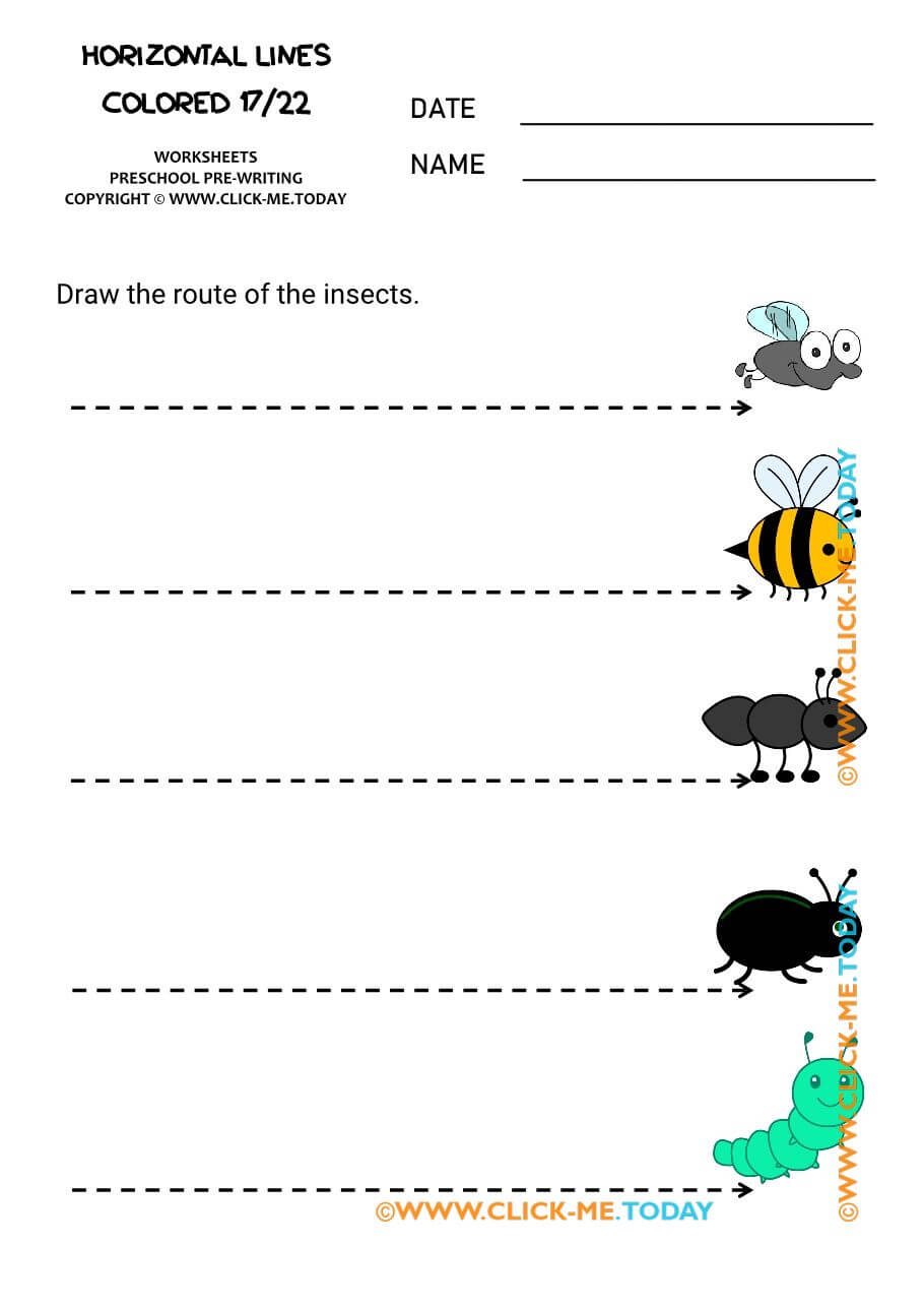PREWRITING HORIZONTAL LINES colored worksheets 17 insects