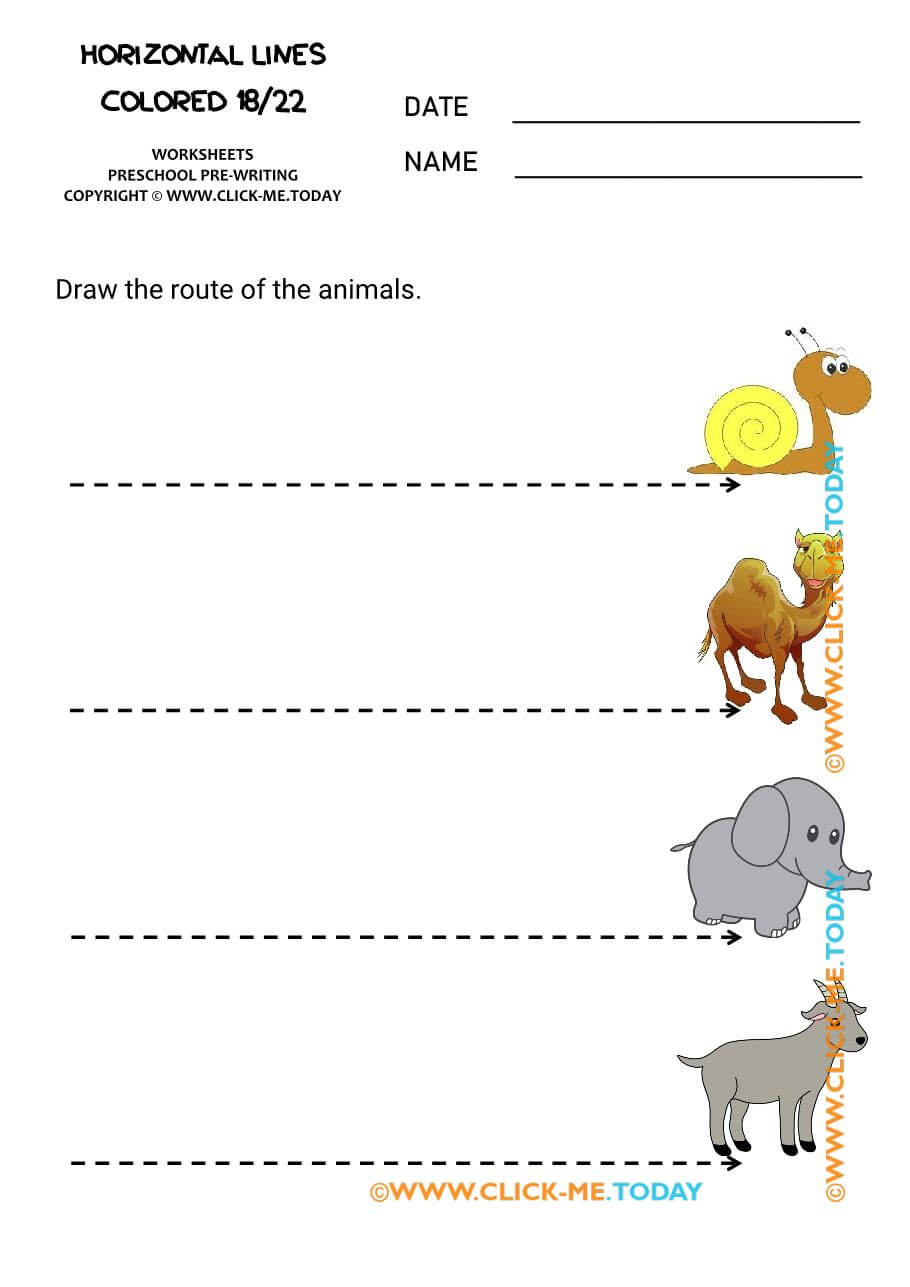 PREWRITING HORIZONTAL LINES colored worksheets 18 trace animal route