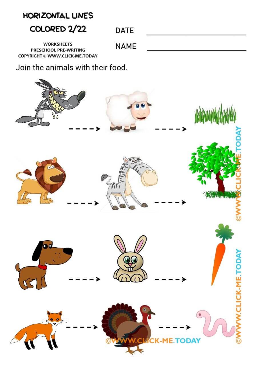 PREWRITING HORIZONTAL LINES colored worksheets 2 animal food