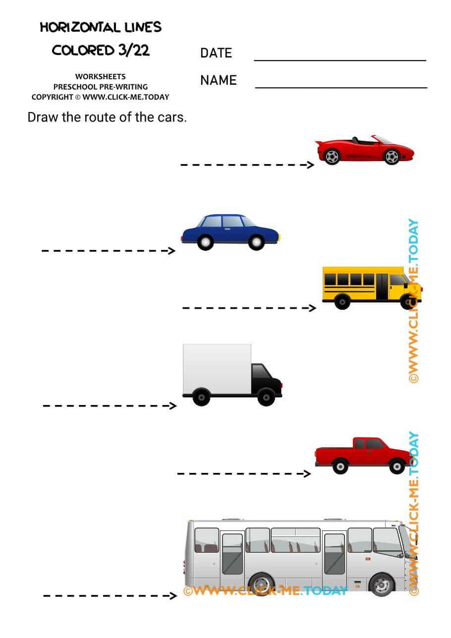 PREWRITING HORIZONTAL LINES colored worksheets 3 cars