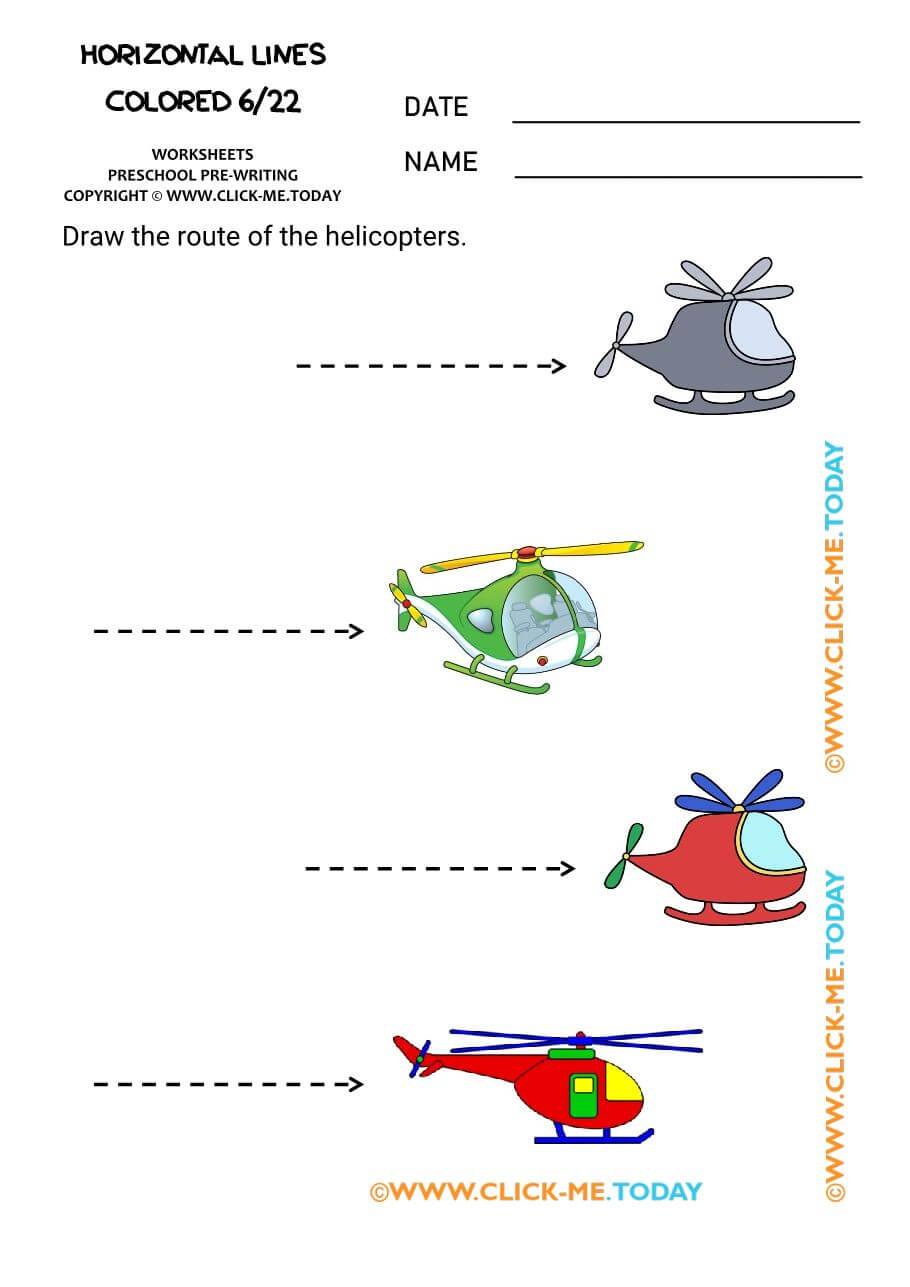 PREWRITING HORIZONTAL LINES colored worksheets 6 helicopters