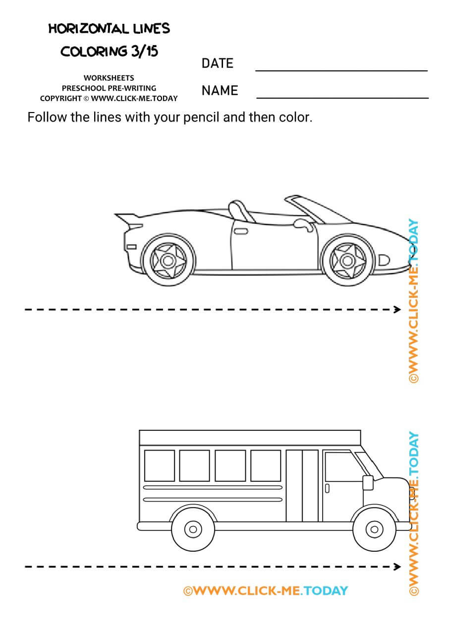 PREWRITING HORIZONTAL LINES coloring pages 3 cars